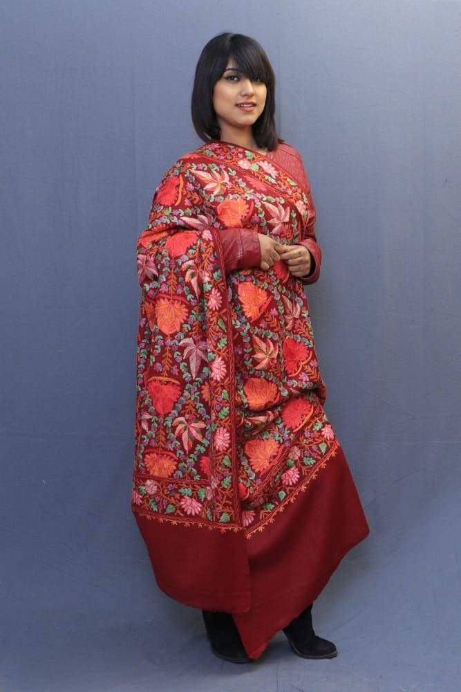 Maroon Colour Shawl With Kashmiri Aari Embroidery Looks