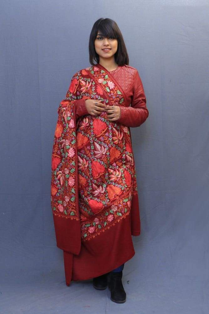 Maroon Colour Shawl With Kashmiri Aari Embroidery Looks