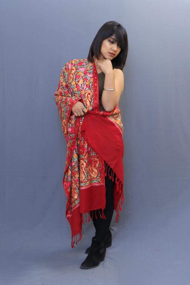 Maroon Colour Stole With Kashmiri Embroidery Compliments