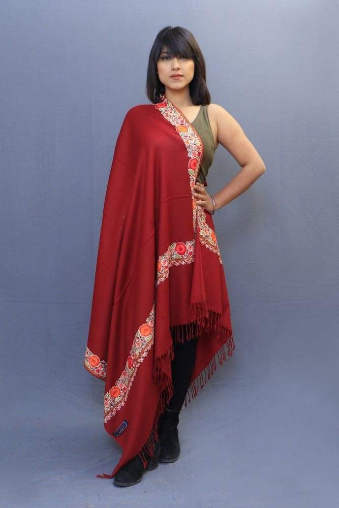 Maroon Colour Stole With Kashmiri Four Sided Border Add