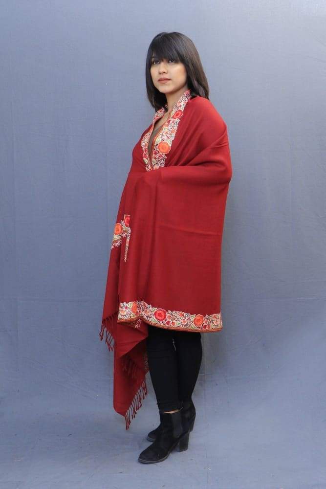 Maroon Colour Stole With Kashmiri Four Sided Border Add