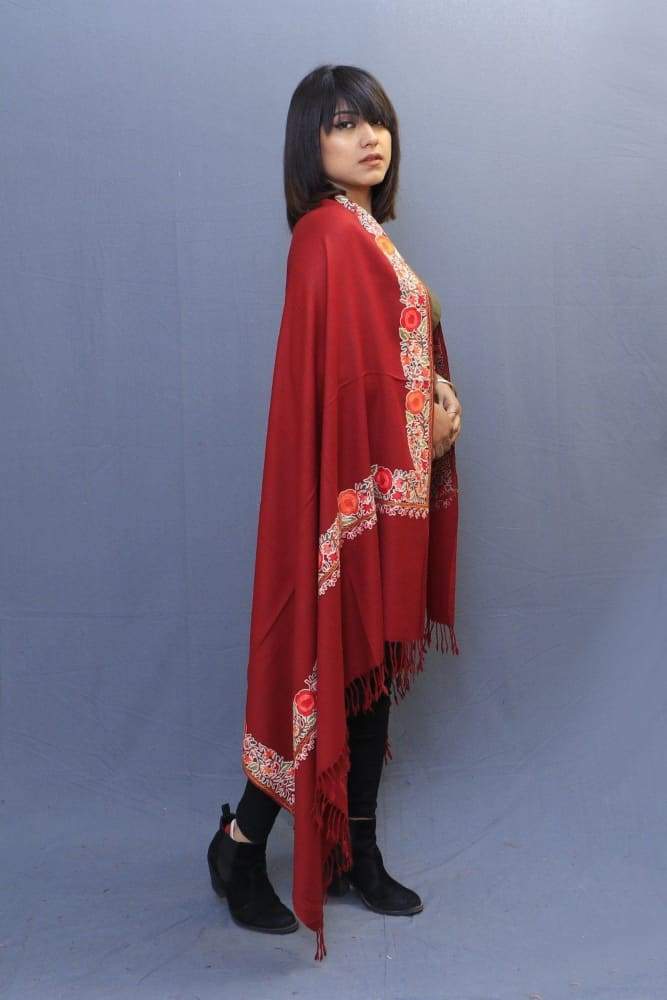 Maroon Colour Stole With Kashmiri Four Sided Border Add
