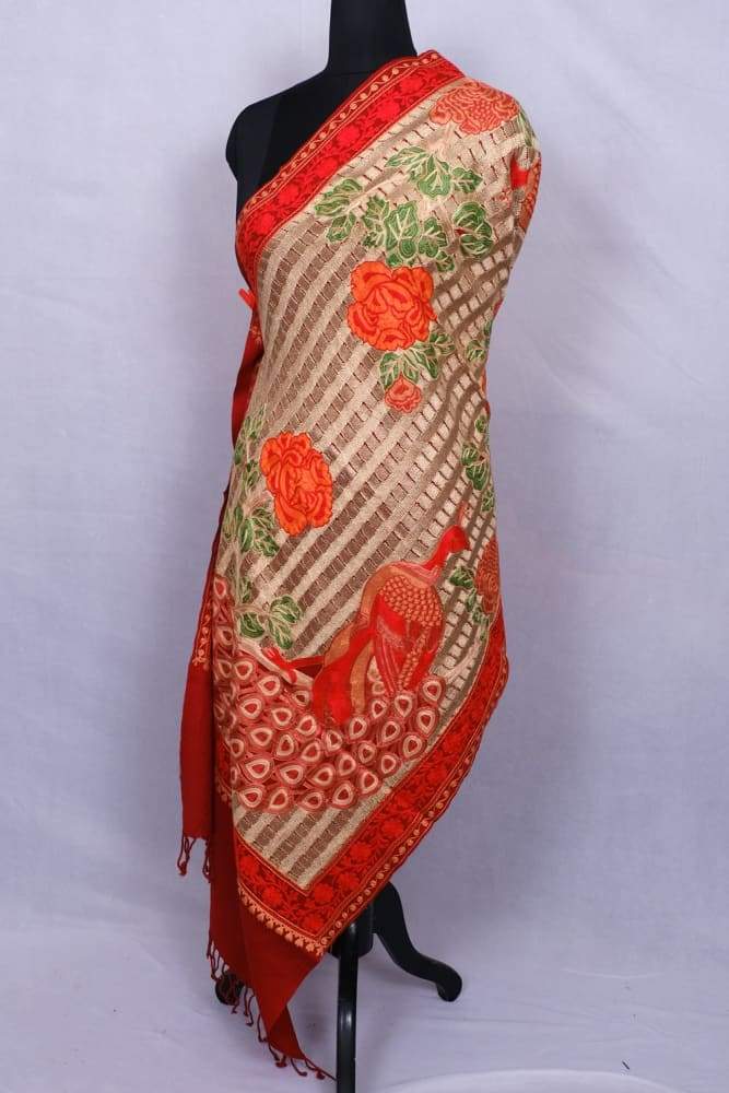 Maroon Colour Stole With Kashmiri Peacock Embroidery