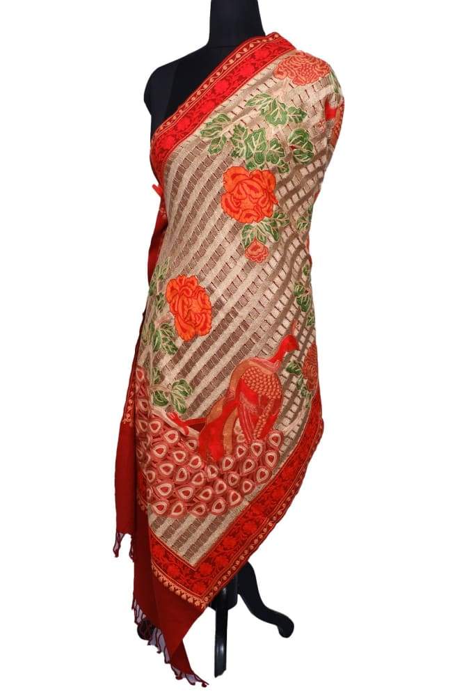Maroon Colour Stole With Kashmiri Peacock Embroidery