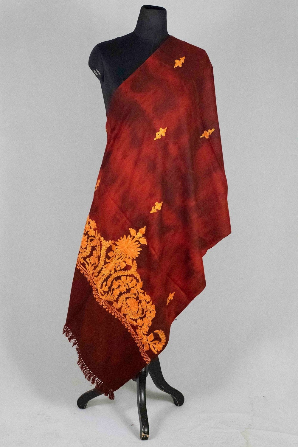 Maroon Colour Tye Dye Stole With kashmiri Embroidery