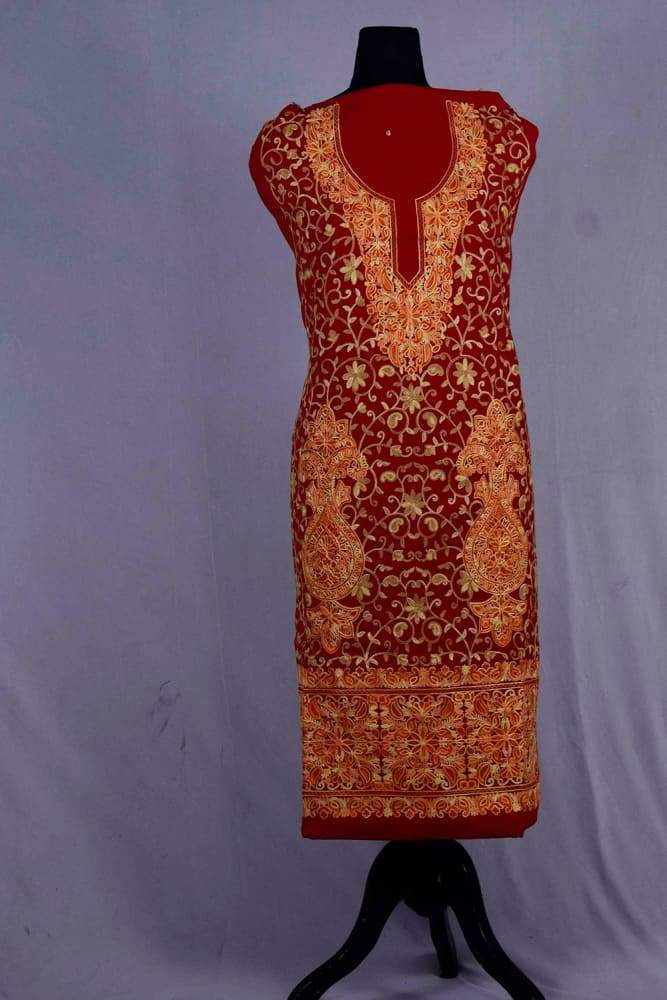 Maroon Colour Wool Aari Work Suit With Stole Crafted