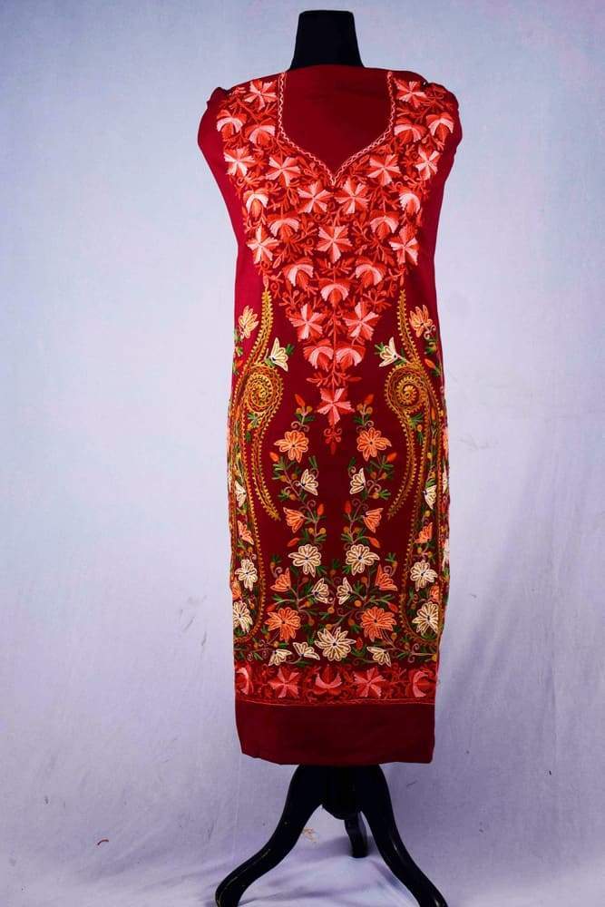 Maroon Colour Wool Aari Work Suit With Stole Crafted