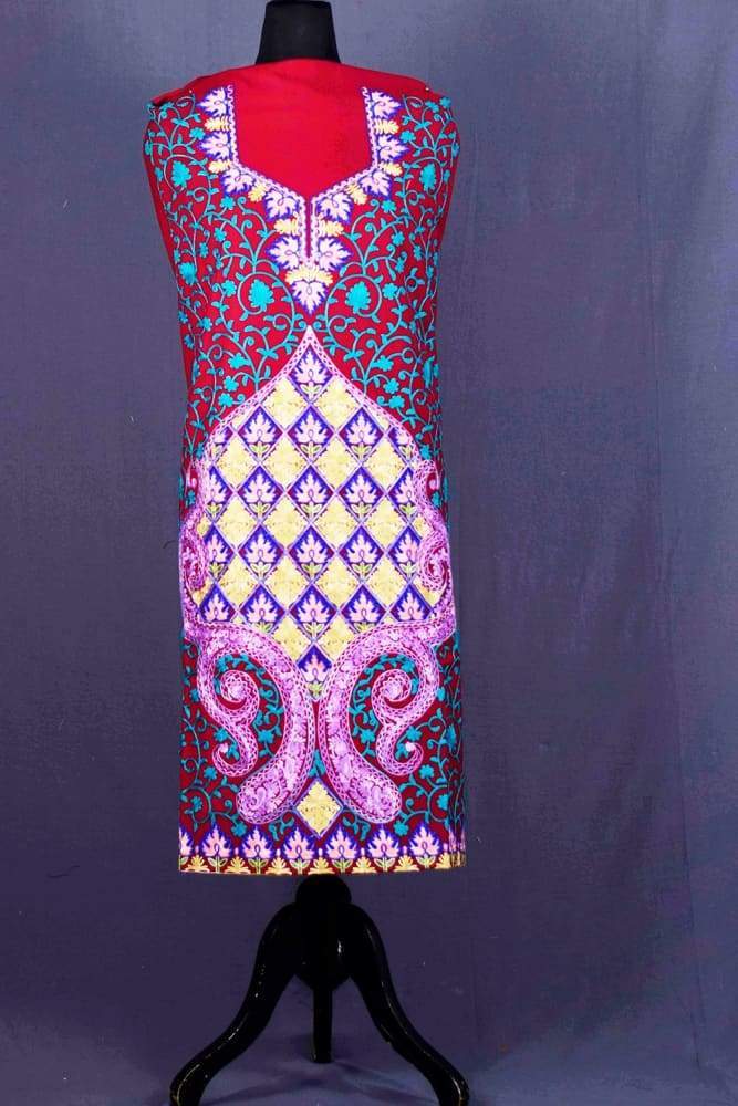 Maroon colour Woolen Aari Work Suit With Multi Embroidery
