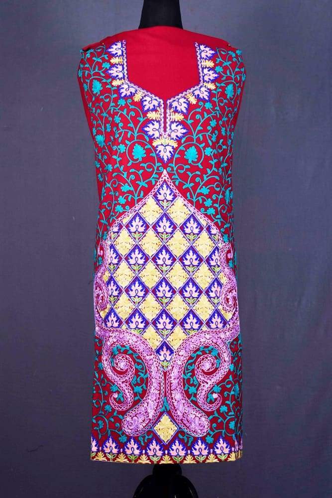 Maroon colour Woolen Aari Work Suit With Multi Embroidery