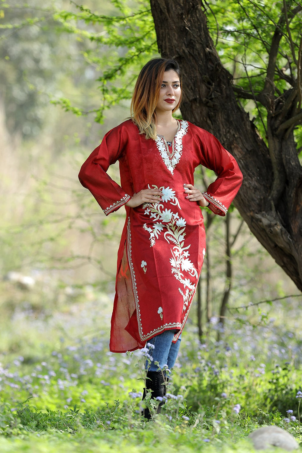 Maroon (Deep Red) Colour Rayon Silk Kurti With Beautiful