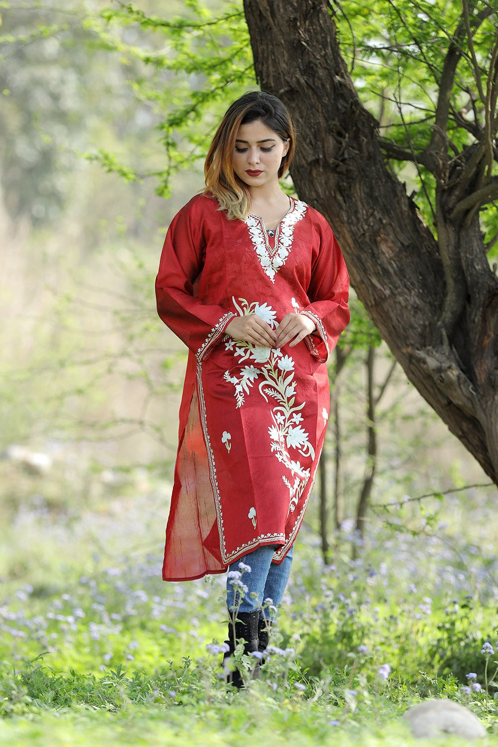 Maroon (Deep Red) Colour Rayon Silk Kurti With Beautiful