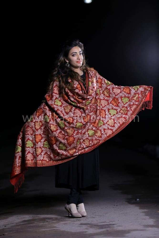 Maroon Kashmiri Aari Work Shawl Enriched With Chinar Pattern