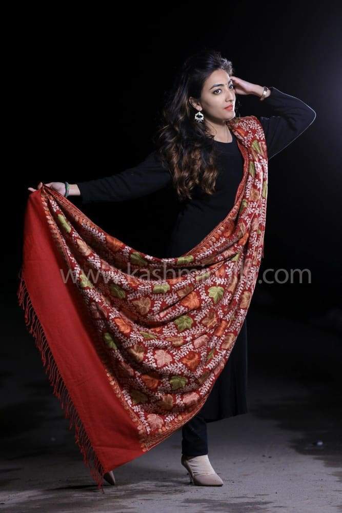 Maroon Kashmiri Aari Work Shawl Enriched With Chinar Pattern