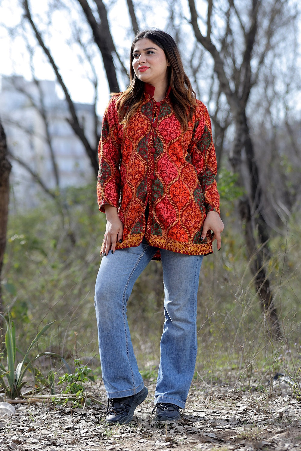 Maroon Multicolour Aari Work Embroidered Jacket