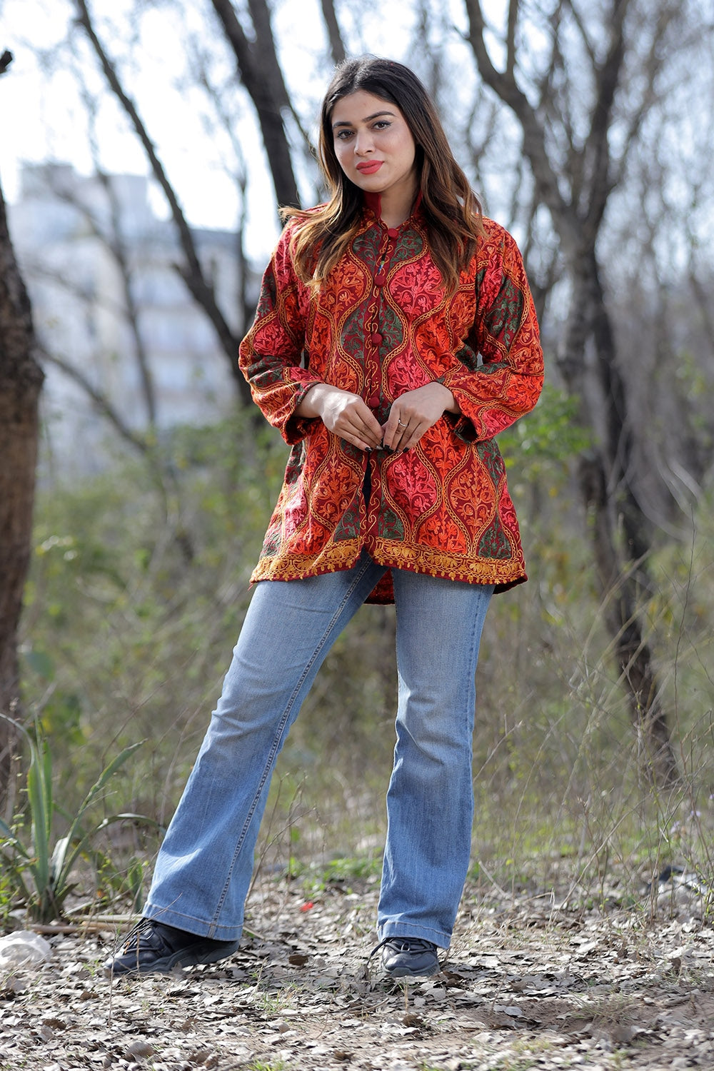 Maroon Multicolour Aari Work Embroidered Jacket