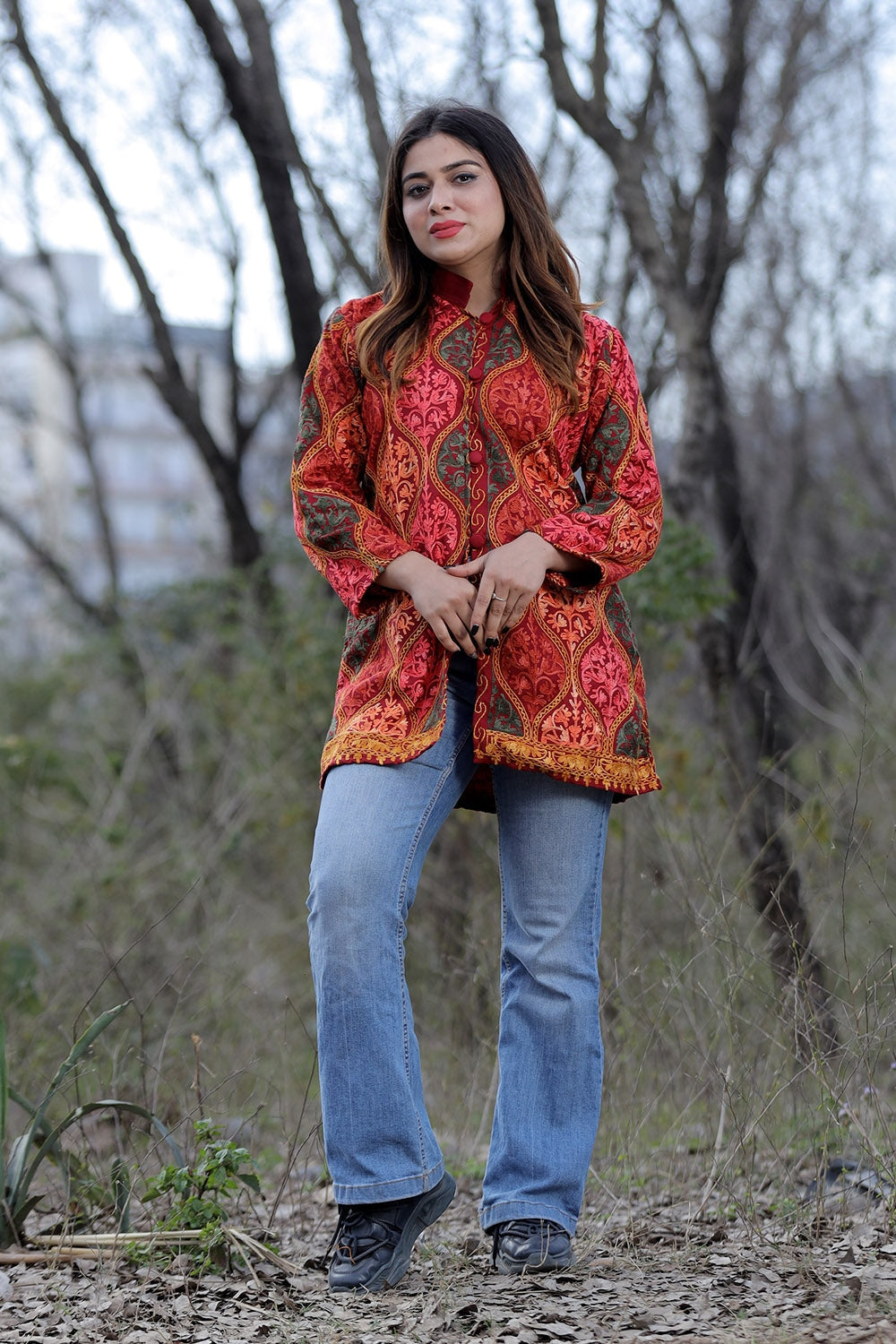 Maroon Multicolour Aari Work Embroidered Jacket