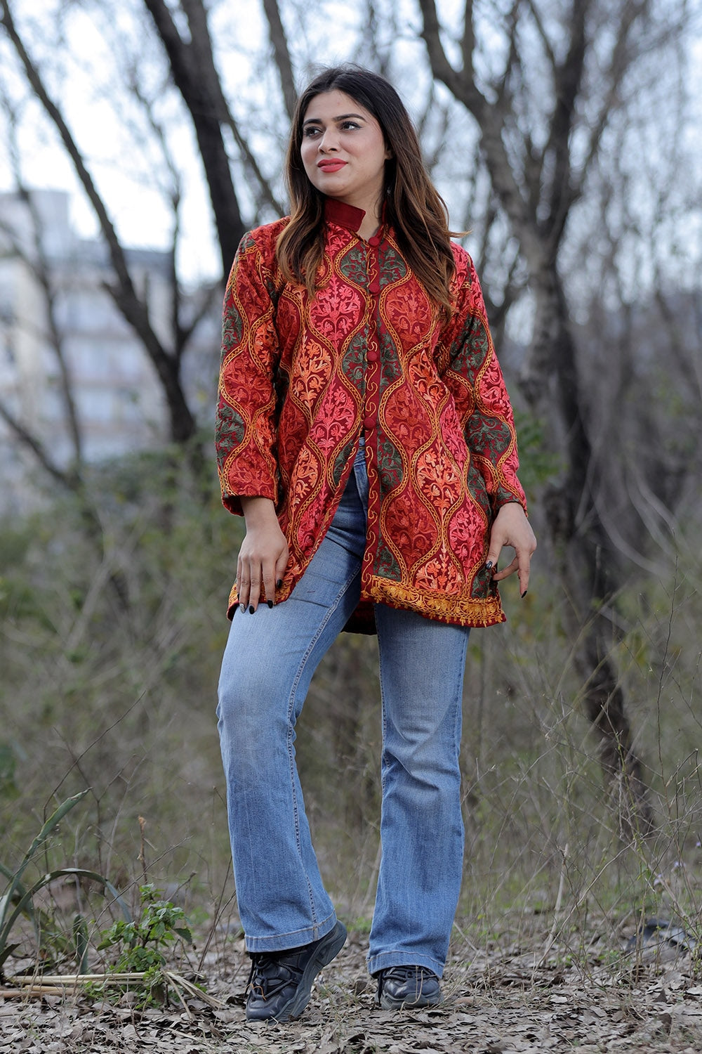 Maroon Multicolour Aari Work Embroidered Jacket