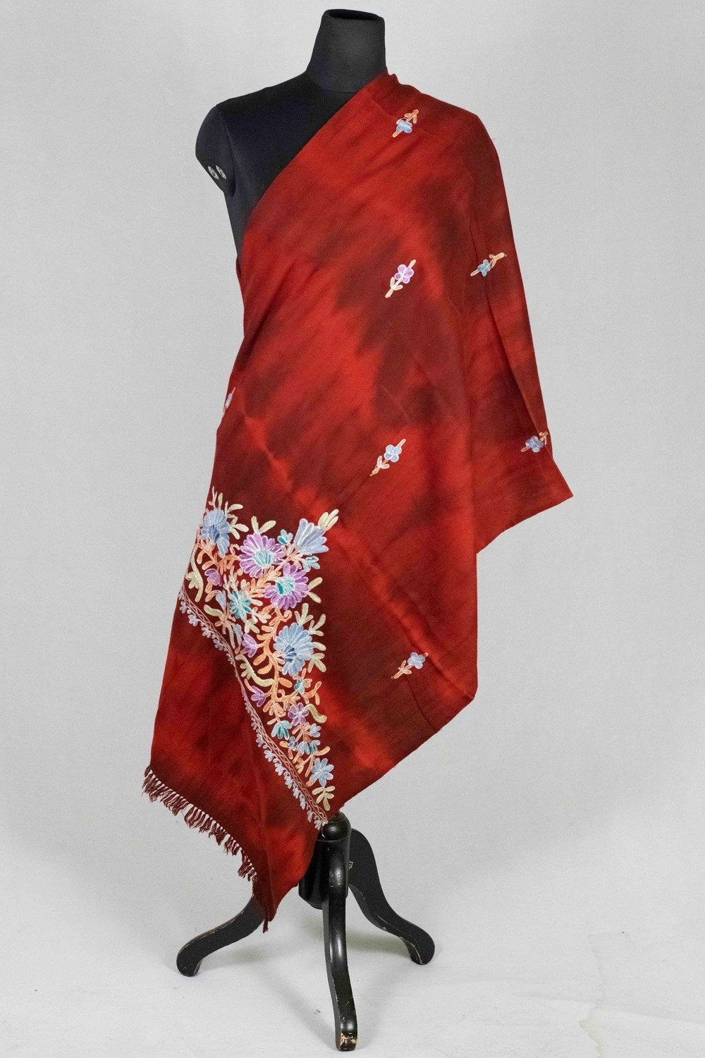 Maroon Tye Dye Stole With kashmiri Embroidery Compliments