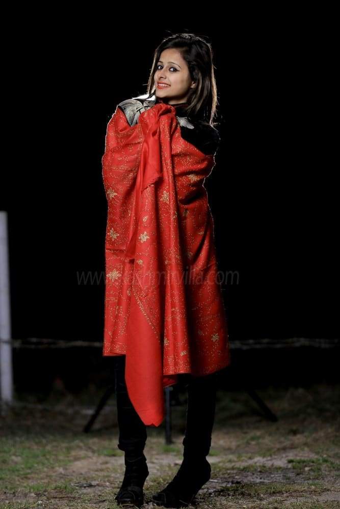 Maroonish Red Colour SemiPashmina Shawl With Delicate Jaal