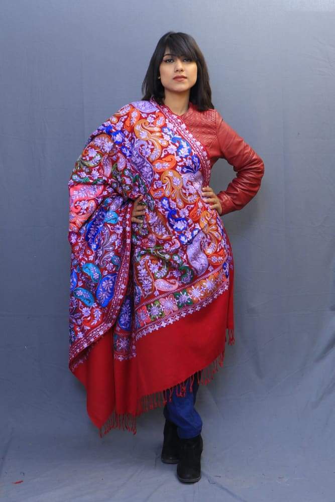 Maroonish Red Colour Wrap With Richly Designed Aari Jaal
