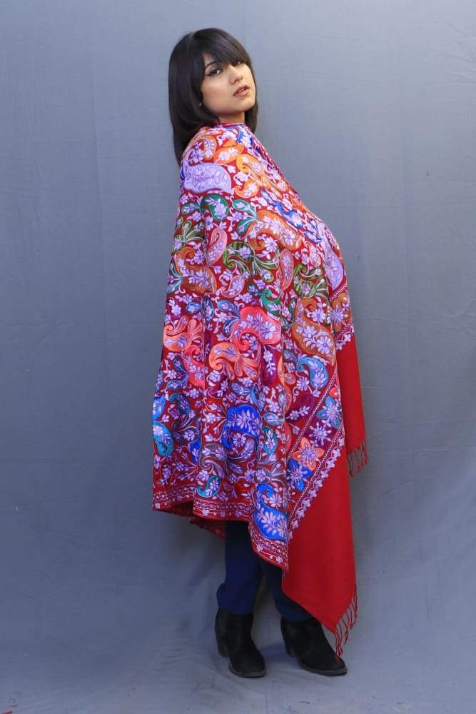 Maroonish Red Colour Wrap With Richly Designed Aari Jaal