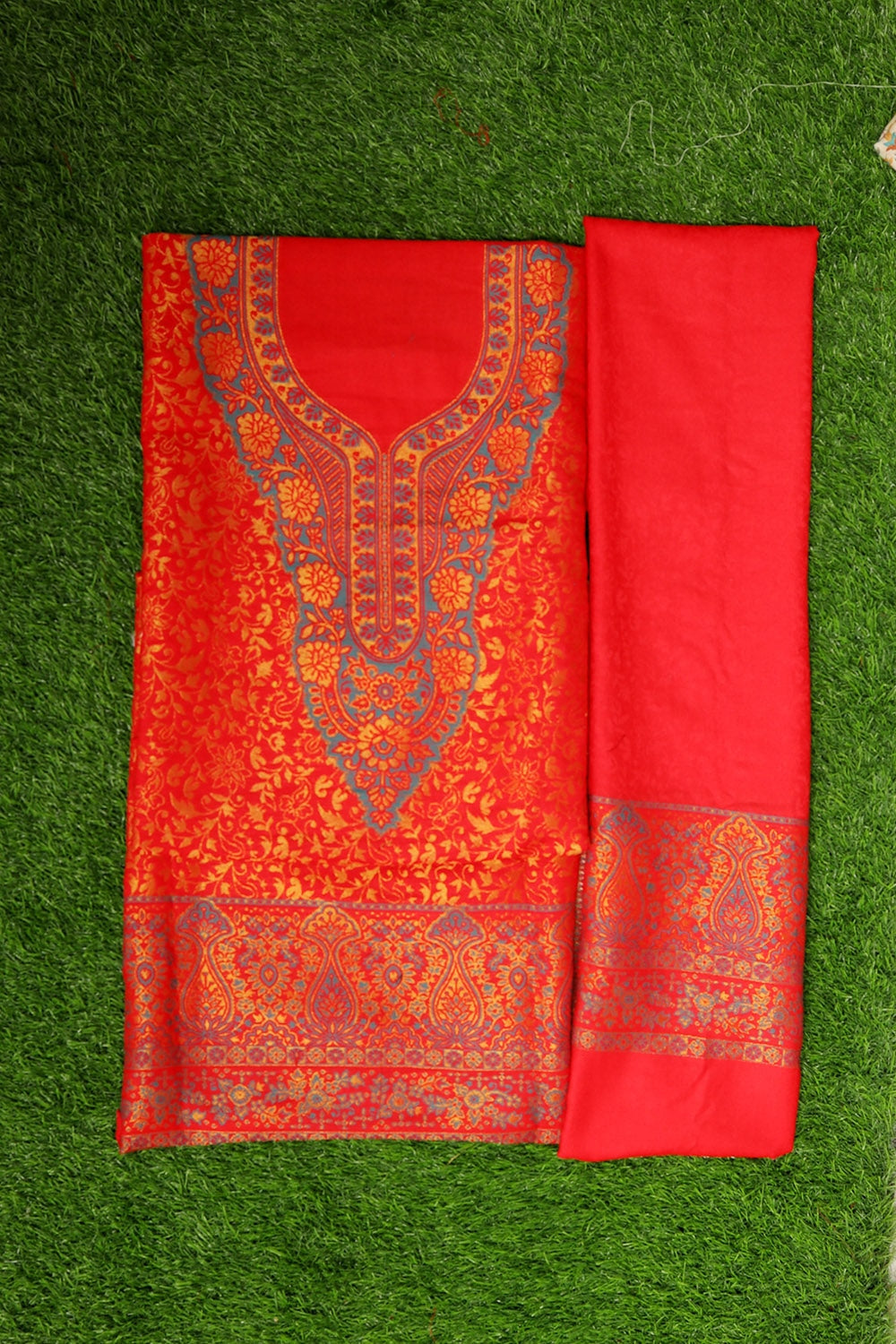 Marvellous Red Colour Cotton Zari Kani Stole Suit With Self