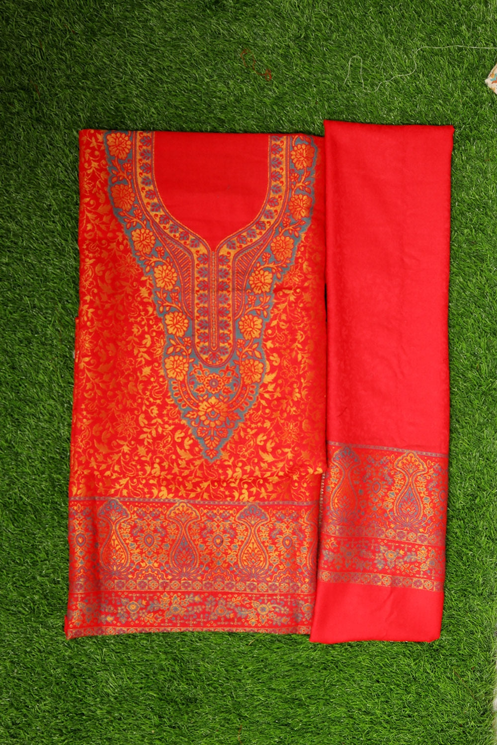 Marvellous Red Colour Cotton Zari Kani Stole Suit With Self