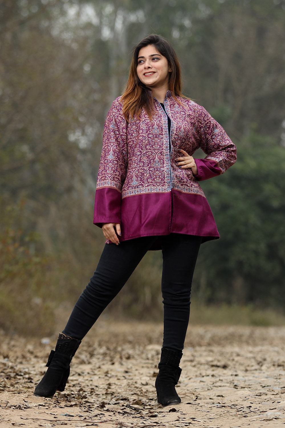 Mauve Colour Jamawar Woven Jacket With Beautiful Designer