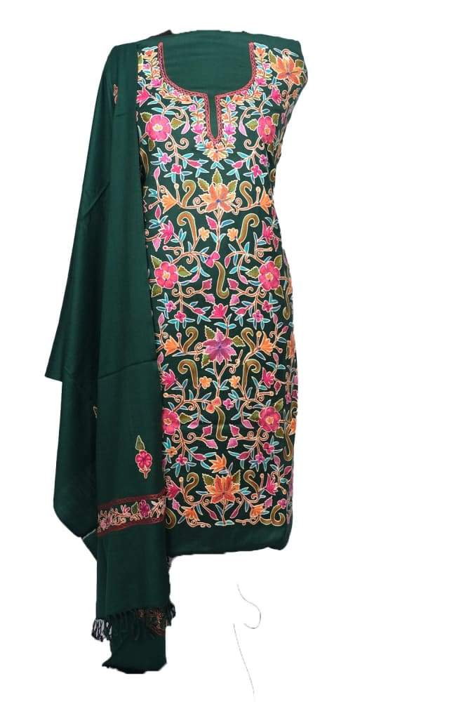 Mehandi Green Color Kashmiri Aari Work Unstitched Woollen