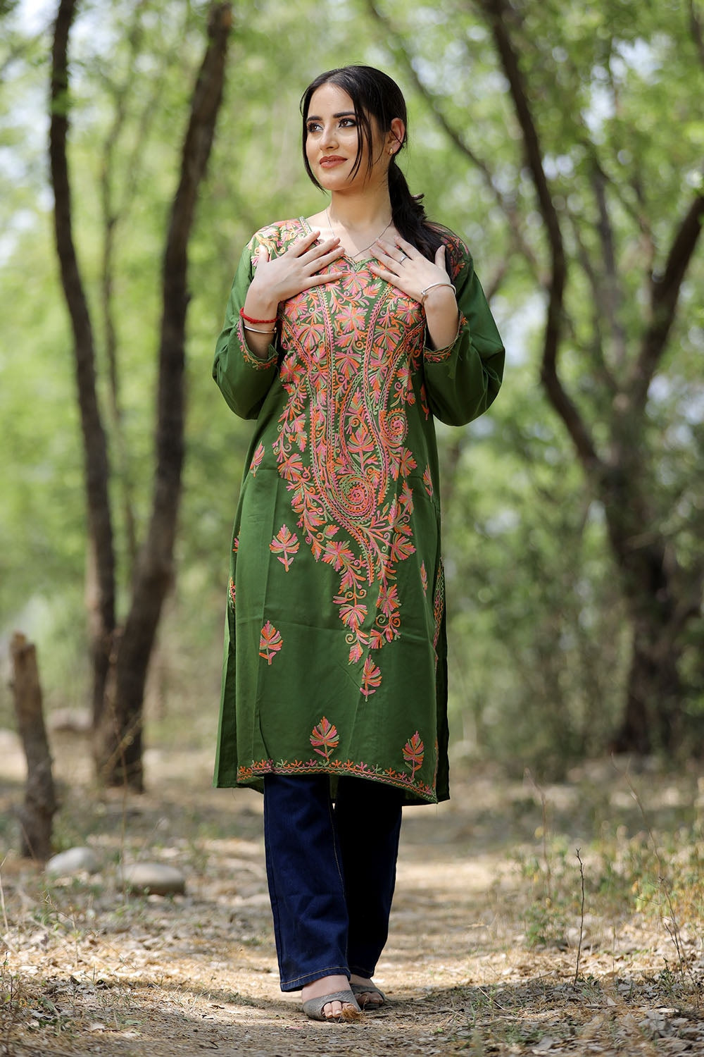 Mehandi Green Colour Cotton Kurti With Multicolour