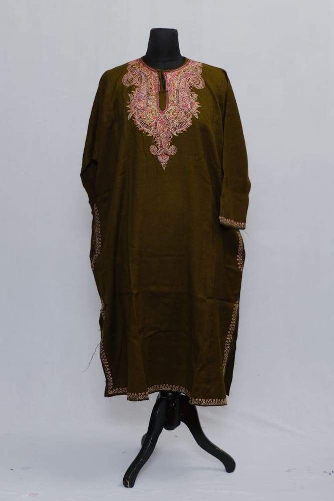 Mehandi Green Colour Phiran With Kashmiri Sozni Work Looks