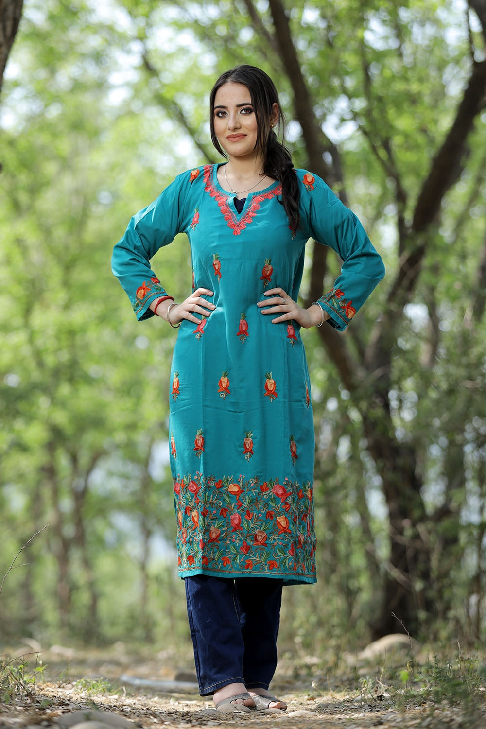 Mesmerising Aqua Green Colour Cotton Kurti With Kashmiri