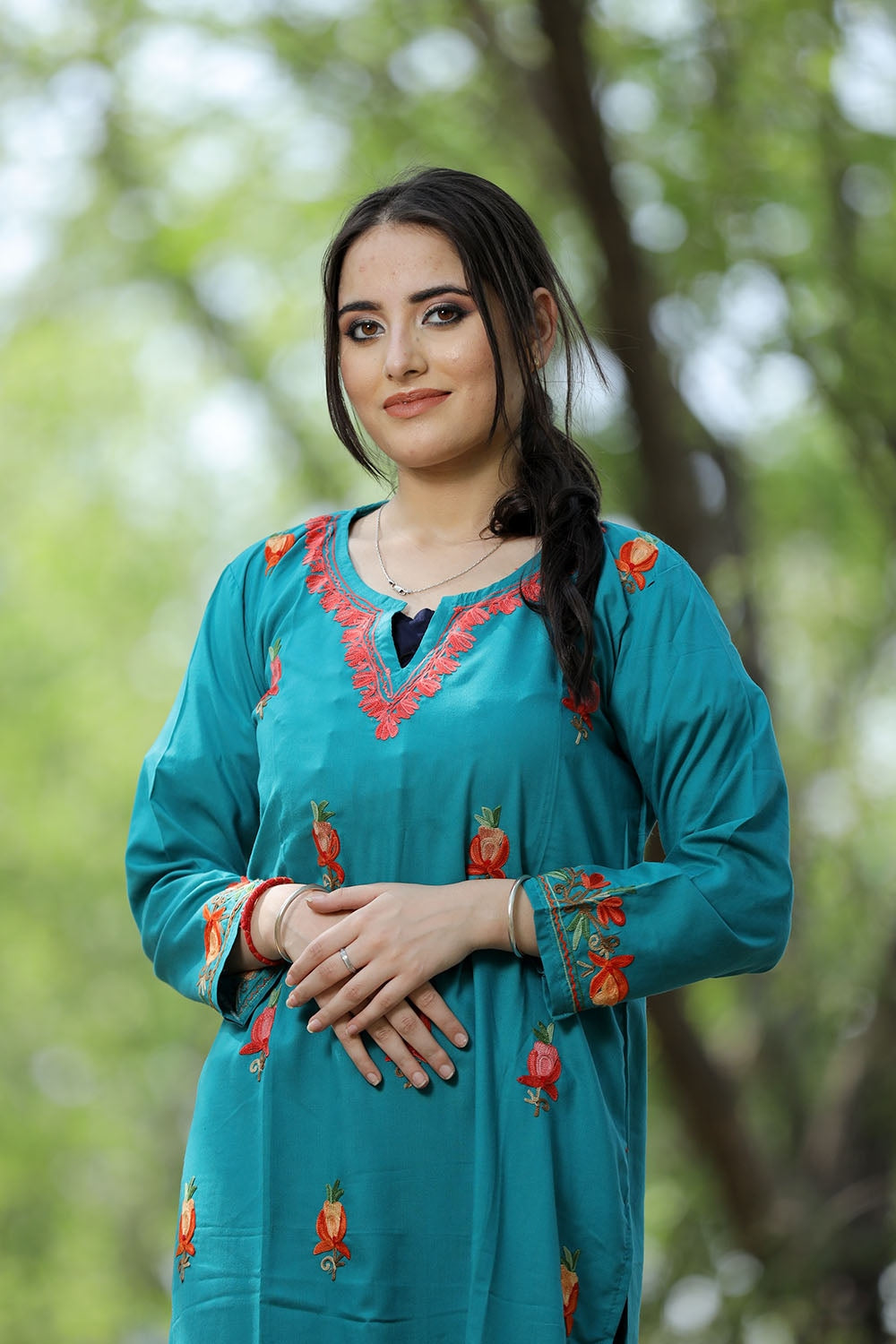 Mesmerising Aqua Green Colour Cotton Kurti With Kashmiri