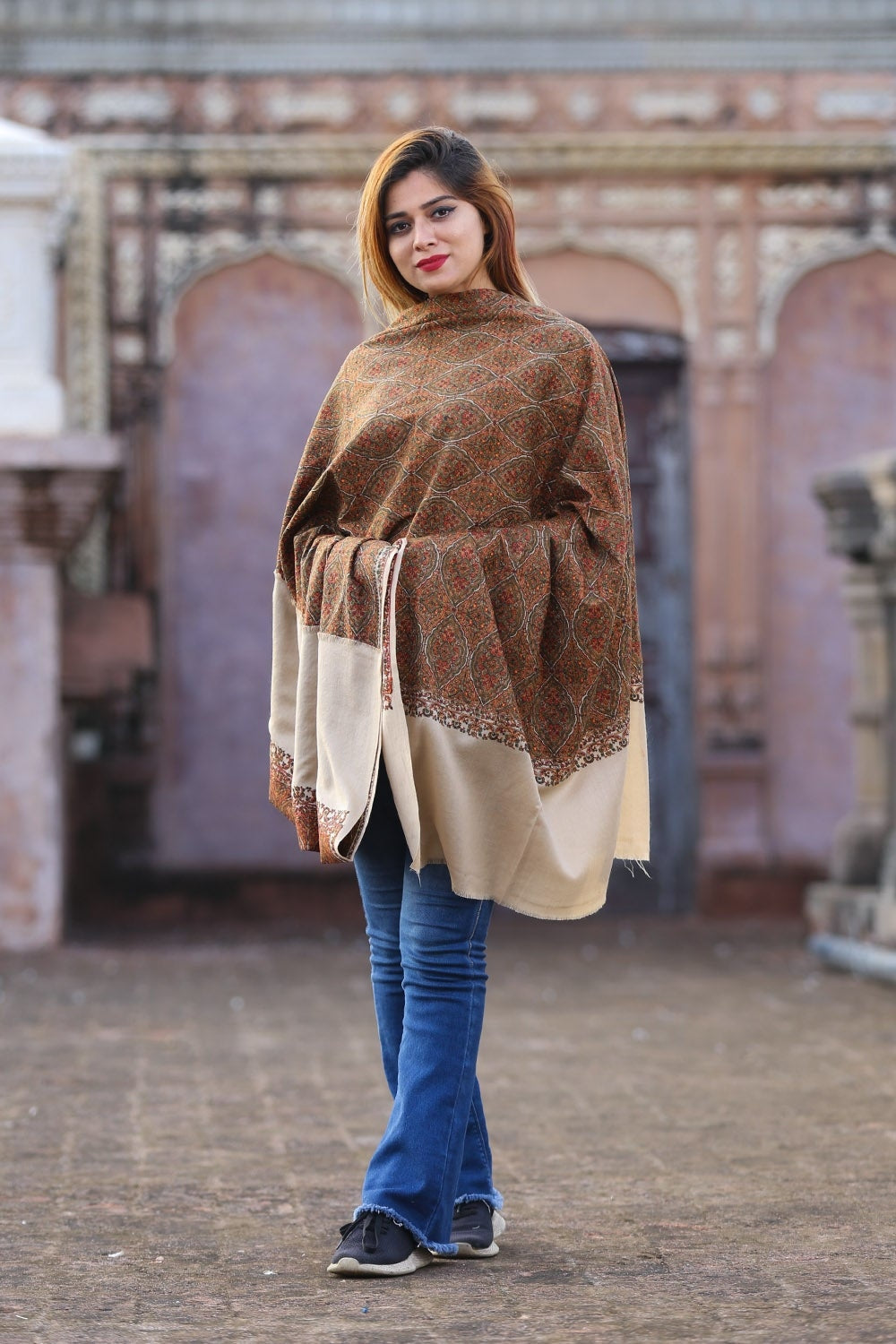 Mesmerising Beige Colour Embroidered Sozni Shawl Enriched