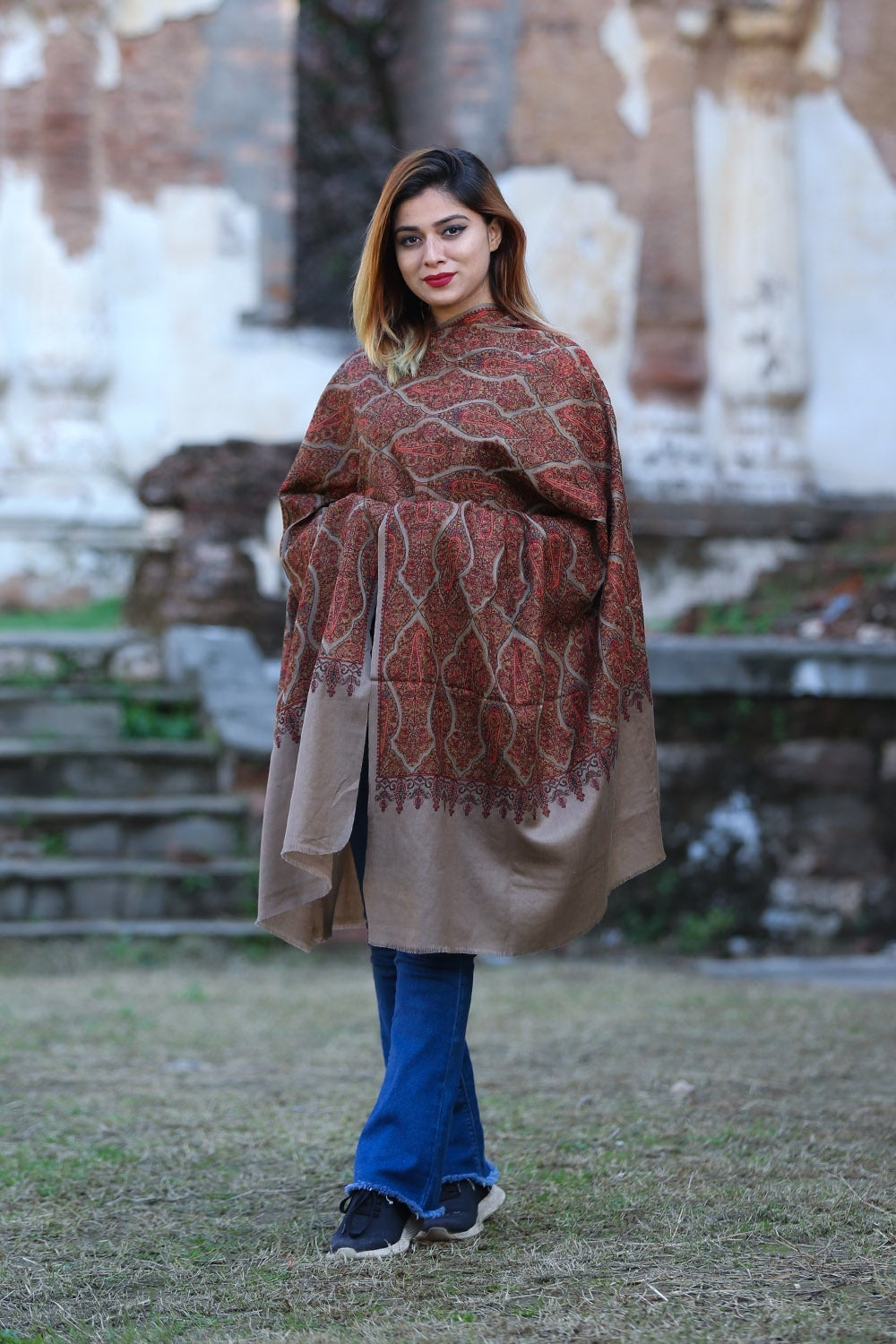 Mesmerising Darken Brown Color Embroidered Sozni Shawl