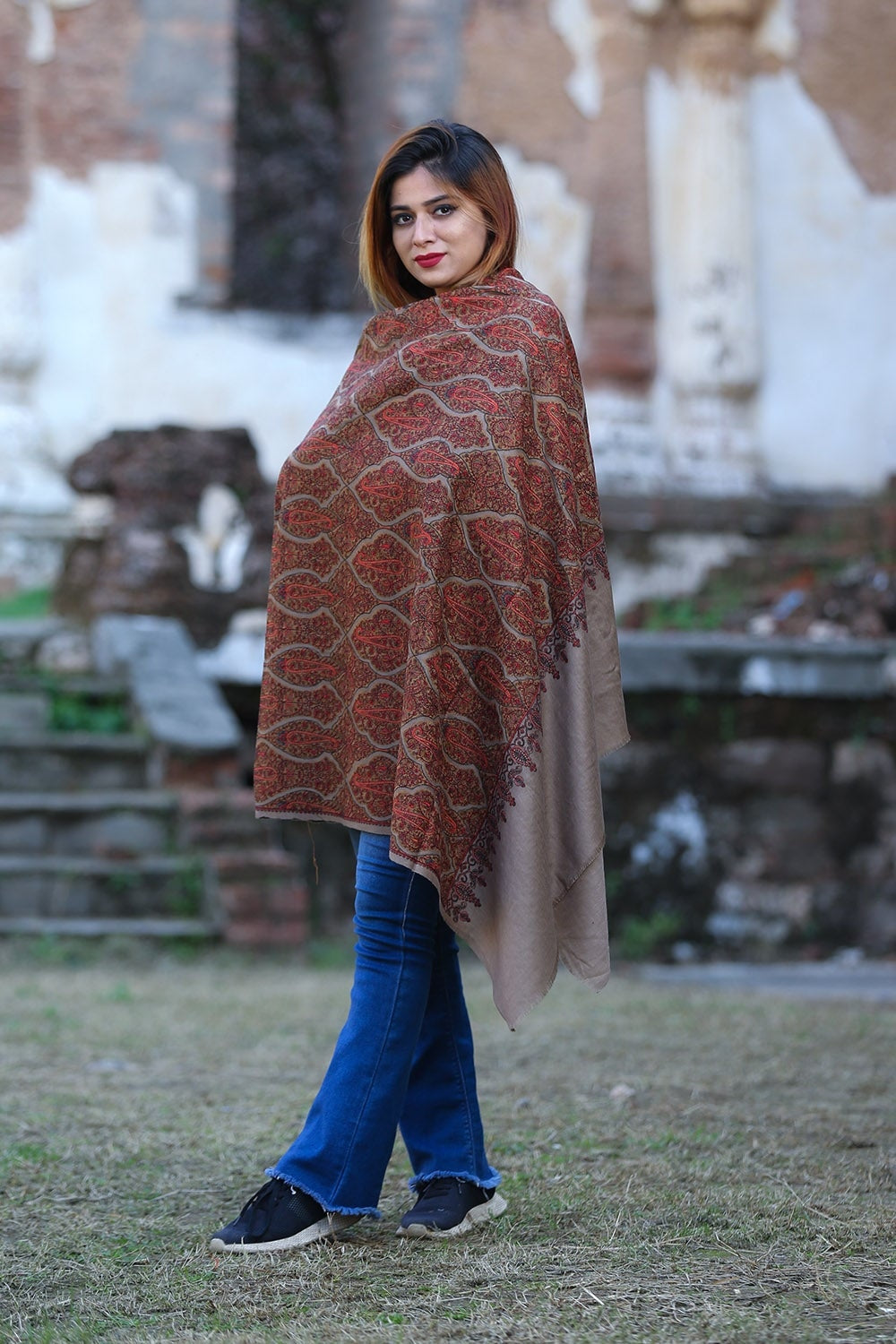 Mesmerising Darken Brown Color Embroidered Sozni Shawl