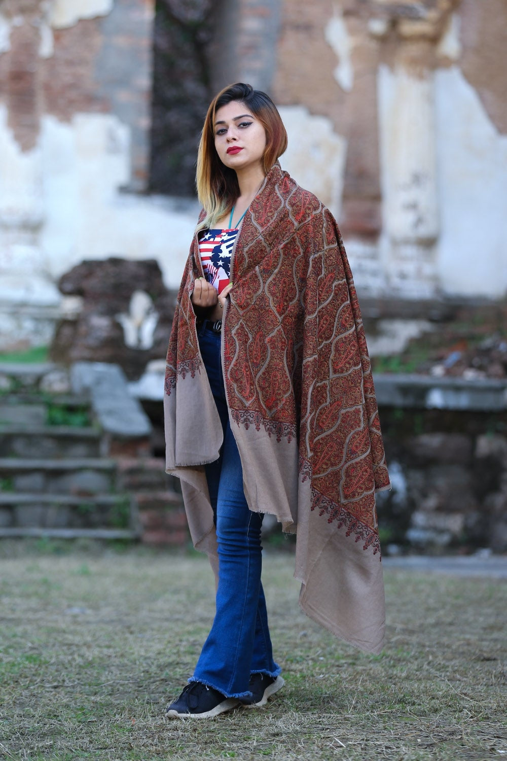 Mesmerising Darken Brown Color Embroidered Sozni Shawl