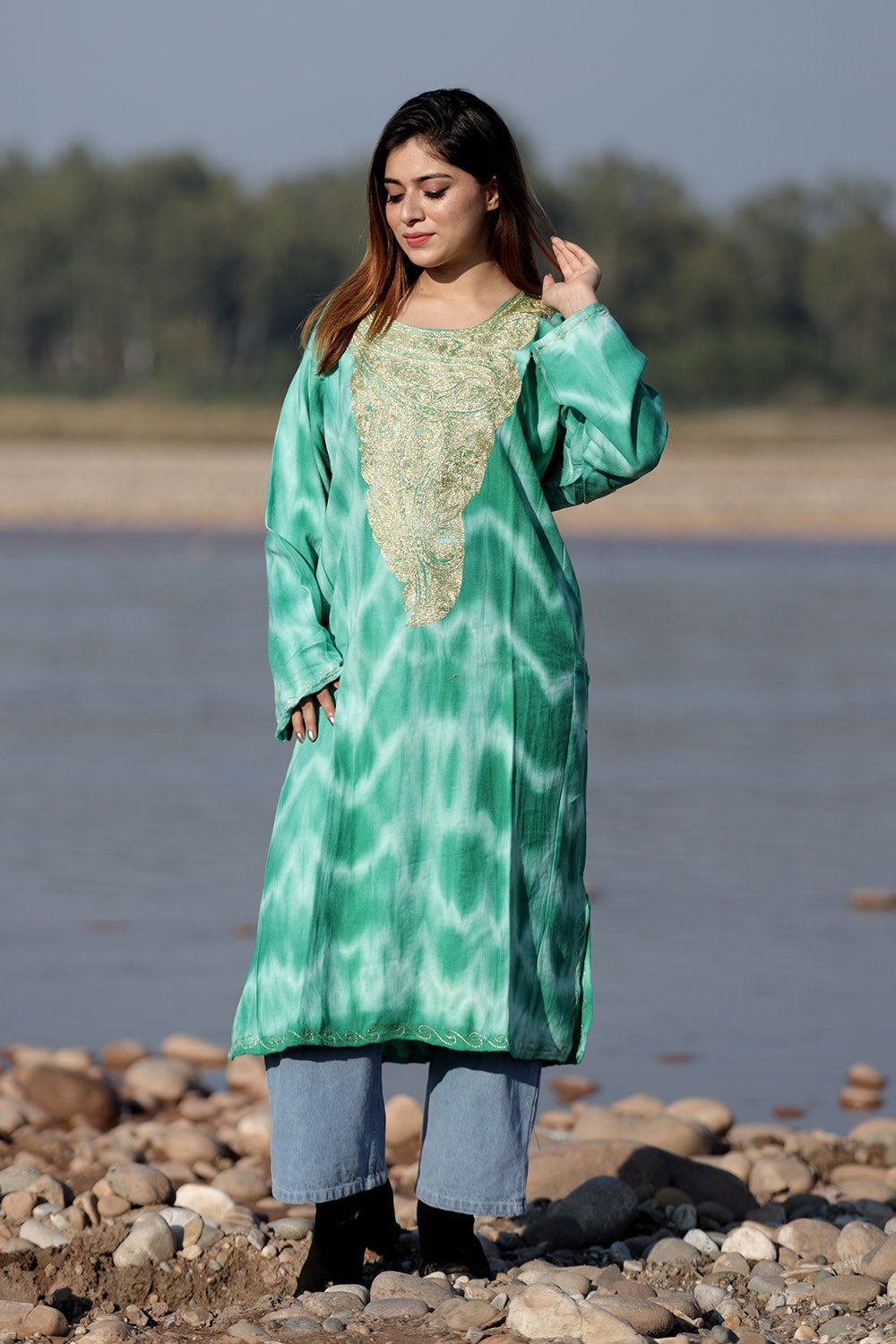 MESMERISING FRESH GREEN COLOUR TIE DYE Aari Tilla Work