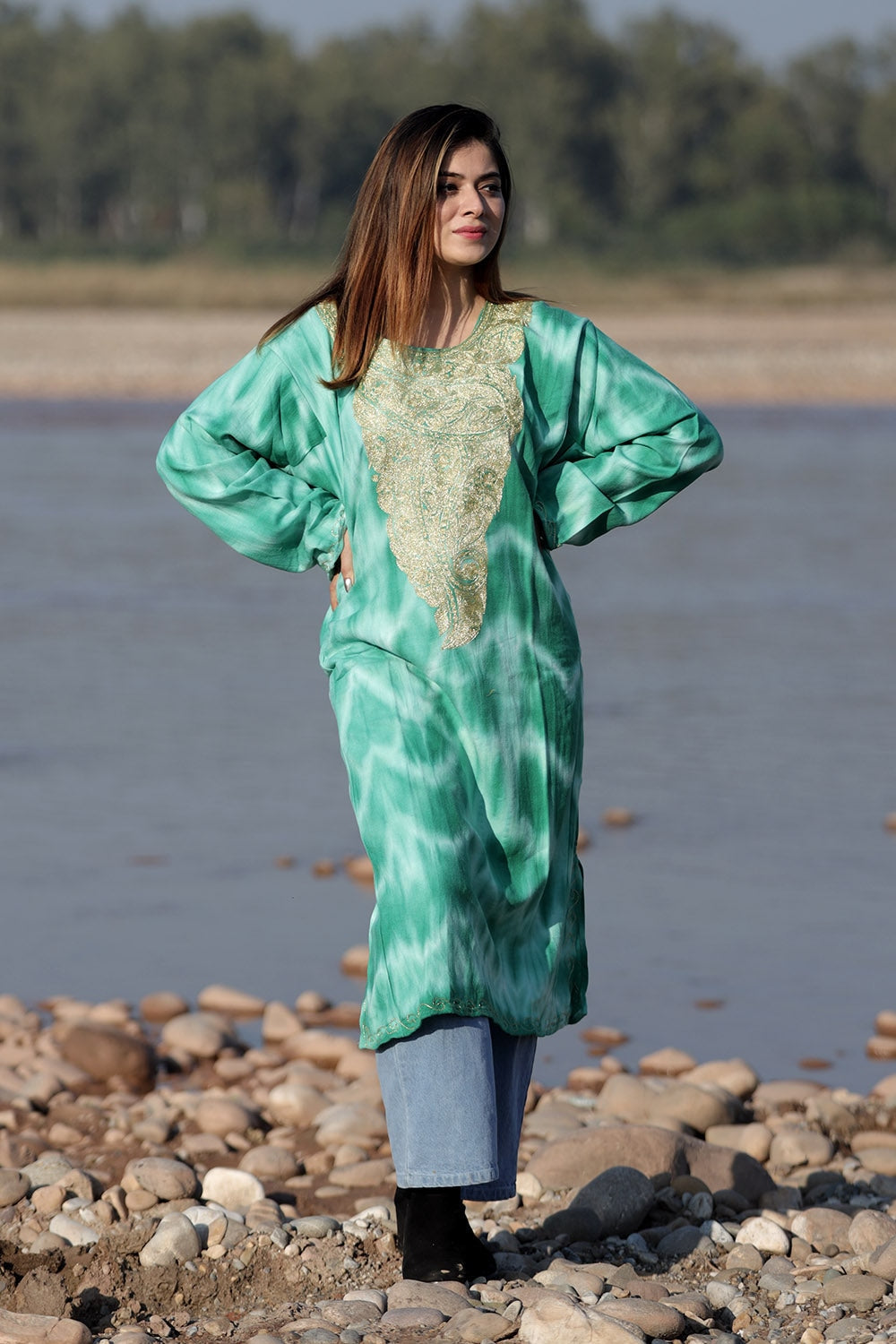 MESMERISING FRESH GREEN COLOUR TIE DYE Aari Tilla Work