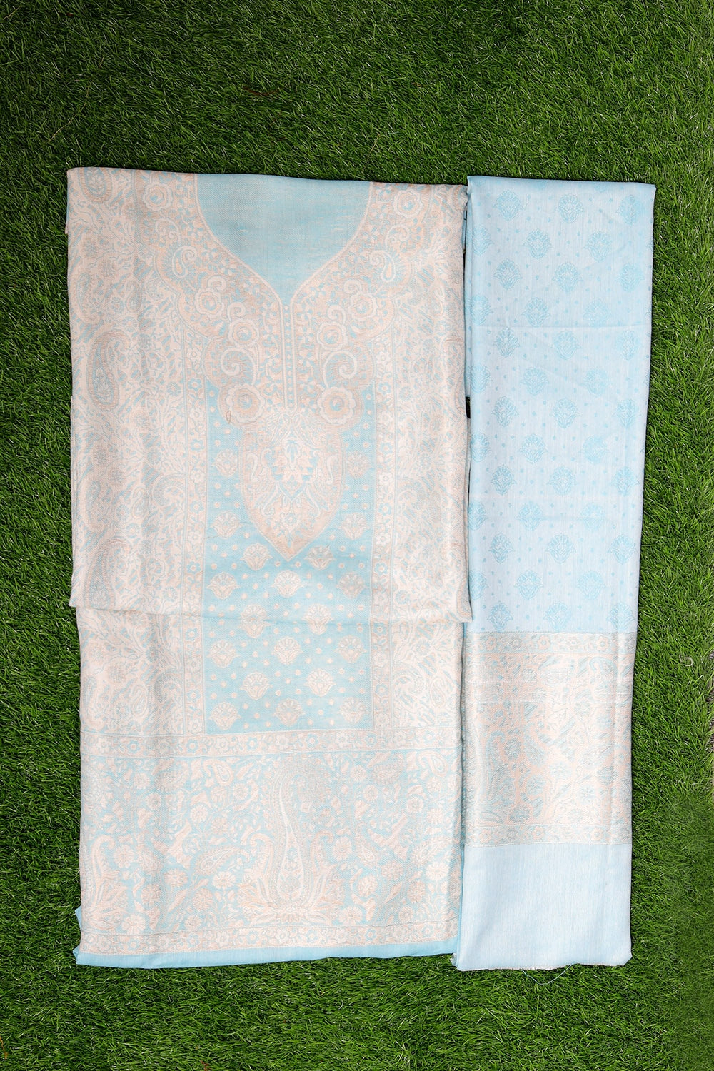 Mesmerising Light Blue Colour Cotton Zari Kani Stole Suit