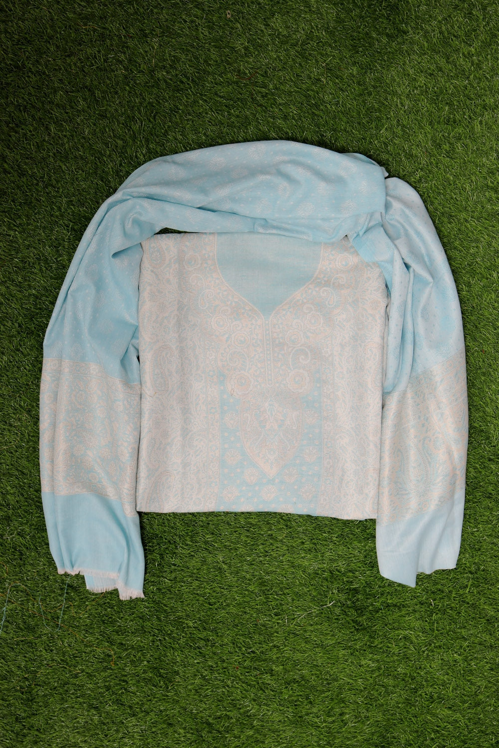 Mesmerising Light Blue Colour Cotton Zari Kani Stole Suit