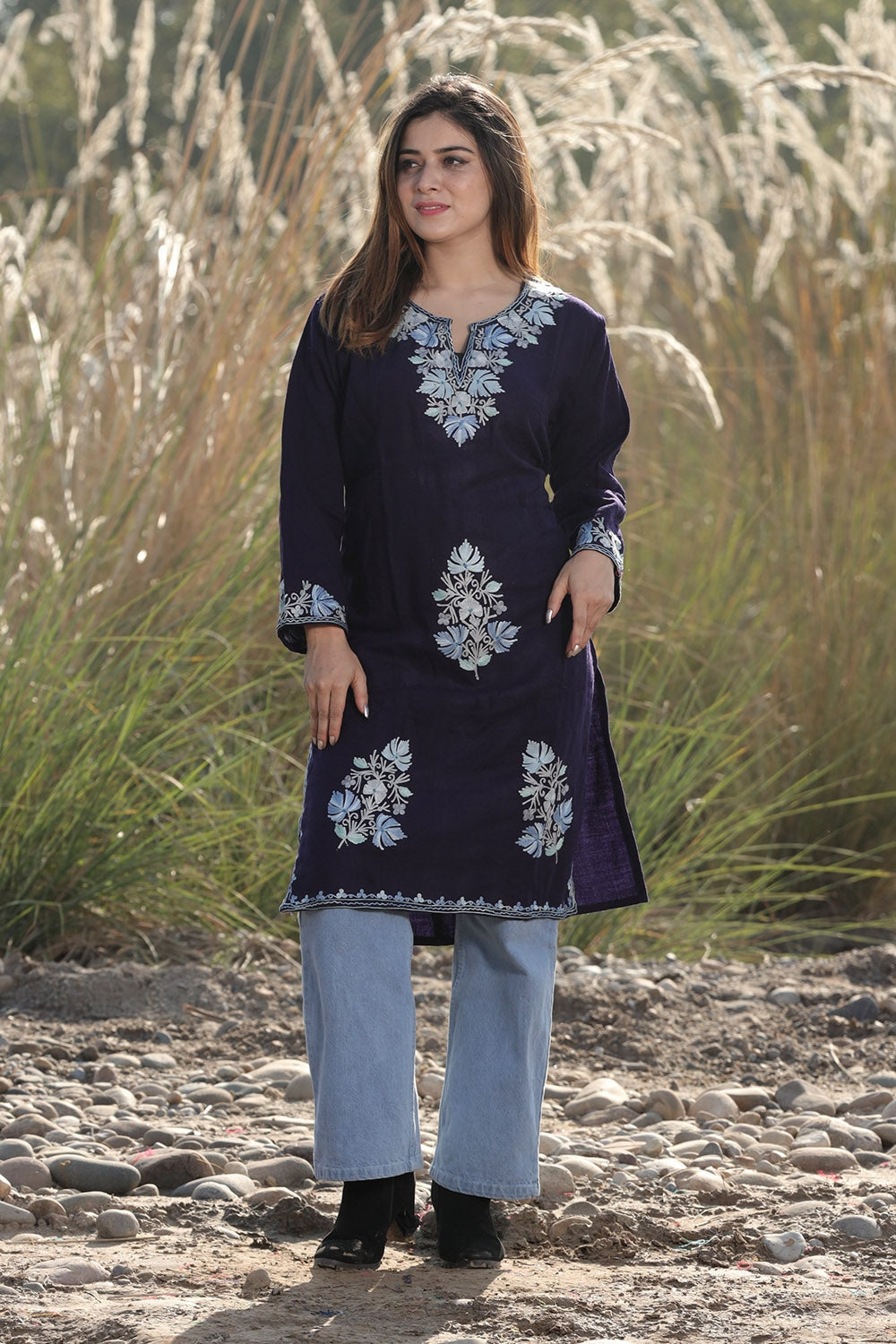 MESMERISING NAVY BLUE COLOUR AARI WORK EMBROIDERED KURTI