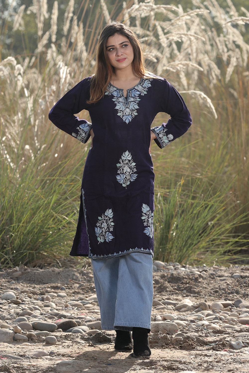 MESMERISING NAVY BLUE COLOUR AARI WORK EMBROIDERED KURTI
