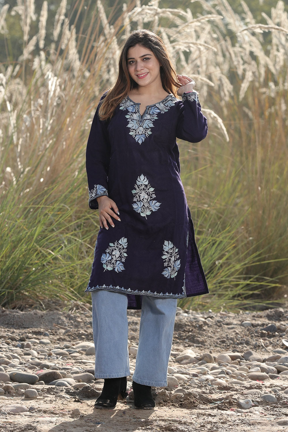 MESMERISING NAVY BLUE COLOUR AARI WORK EMBROIDERED KURTI