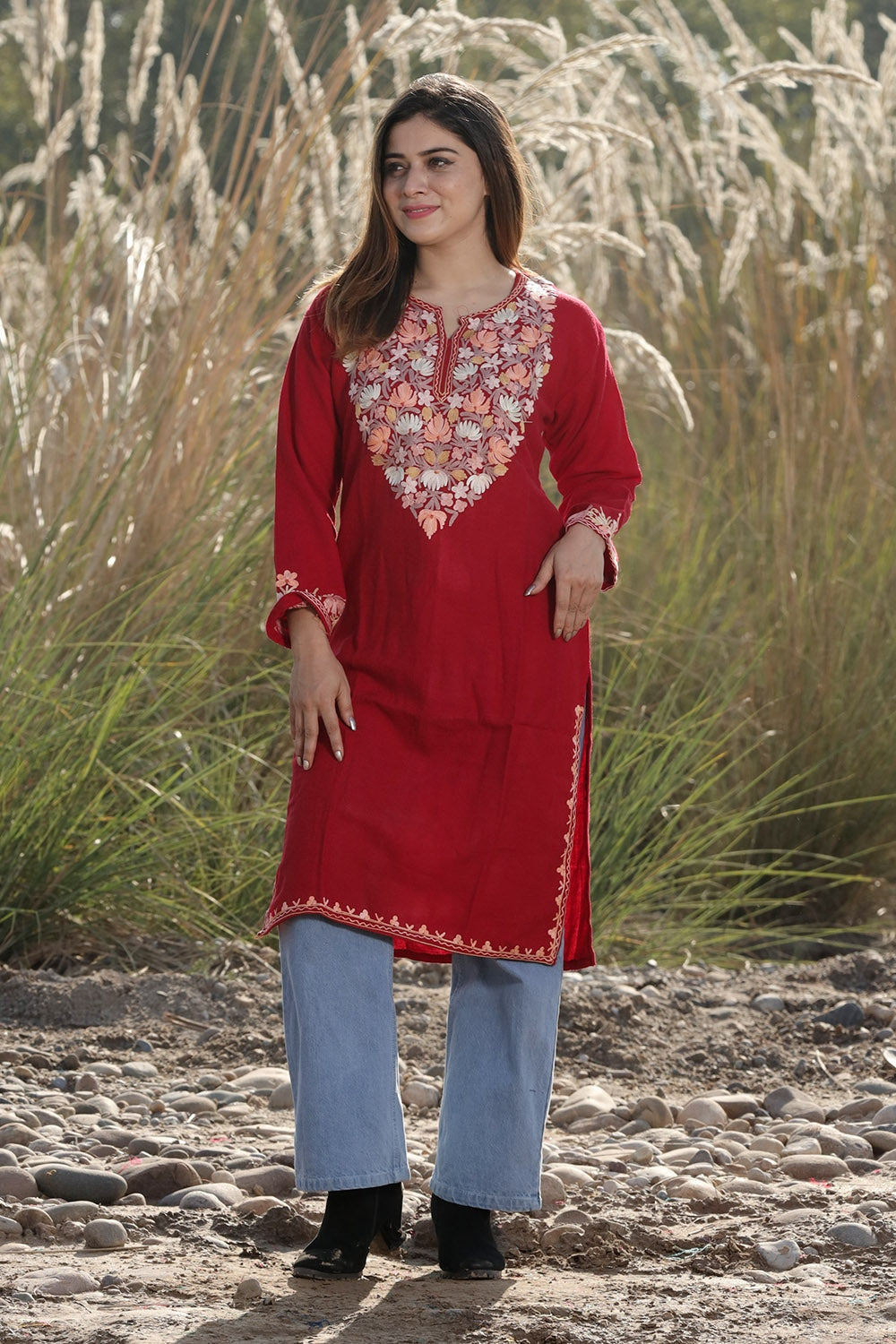 MESMERISING RICH MAROON COLOUR AARI WORK EMBROIDERED KURTI