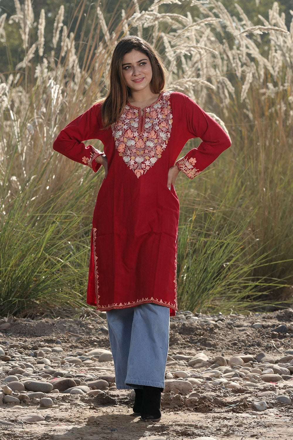 MESMERISING RICH MAROON COLOUR AARI WORK EMBROIDERED KURTI