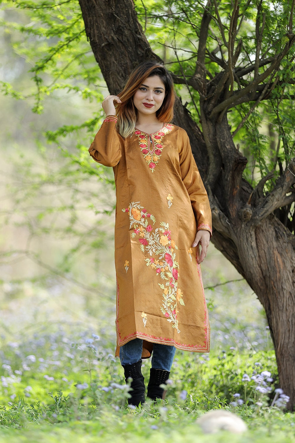 Mesmerizing Bronze Colour Rayon Silk Kurti With Beautiful