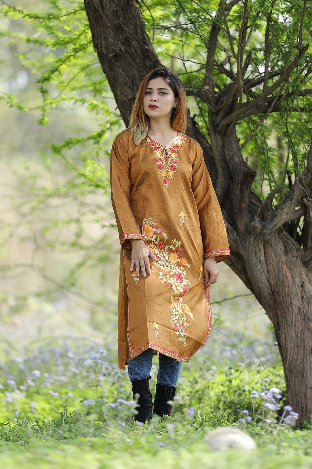 Mesmerizing Bronze Colour Rayon Silk Kurti With Beautiful