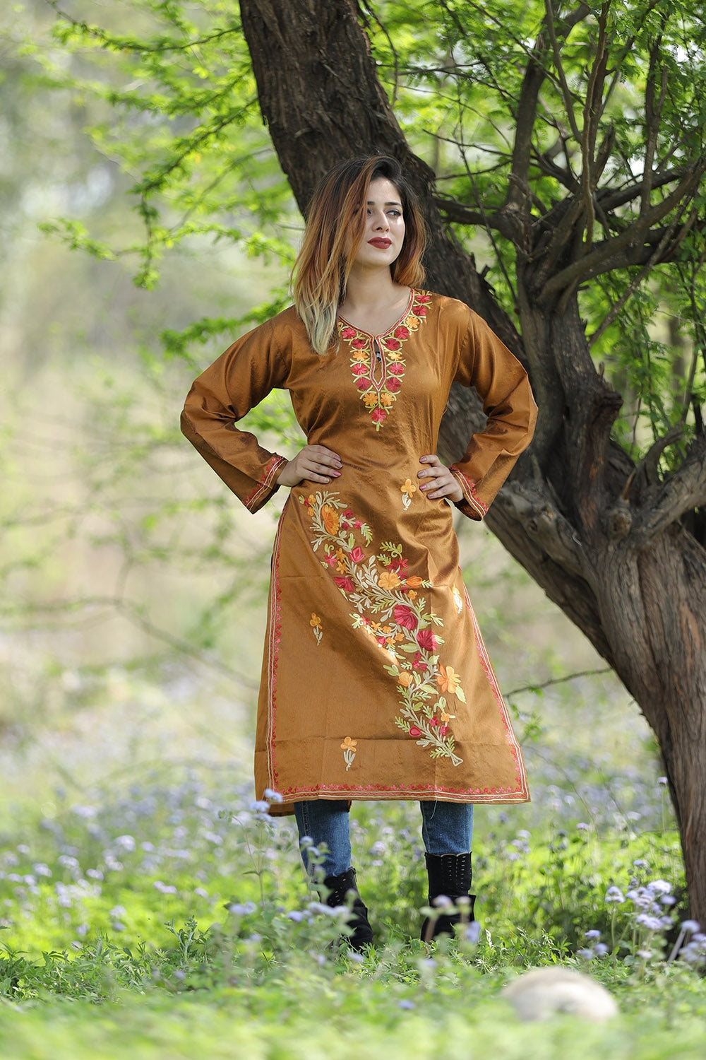 Mesmerizing Bronze Colour Rayon Silk Kurti With Beautiful