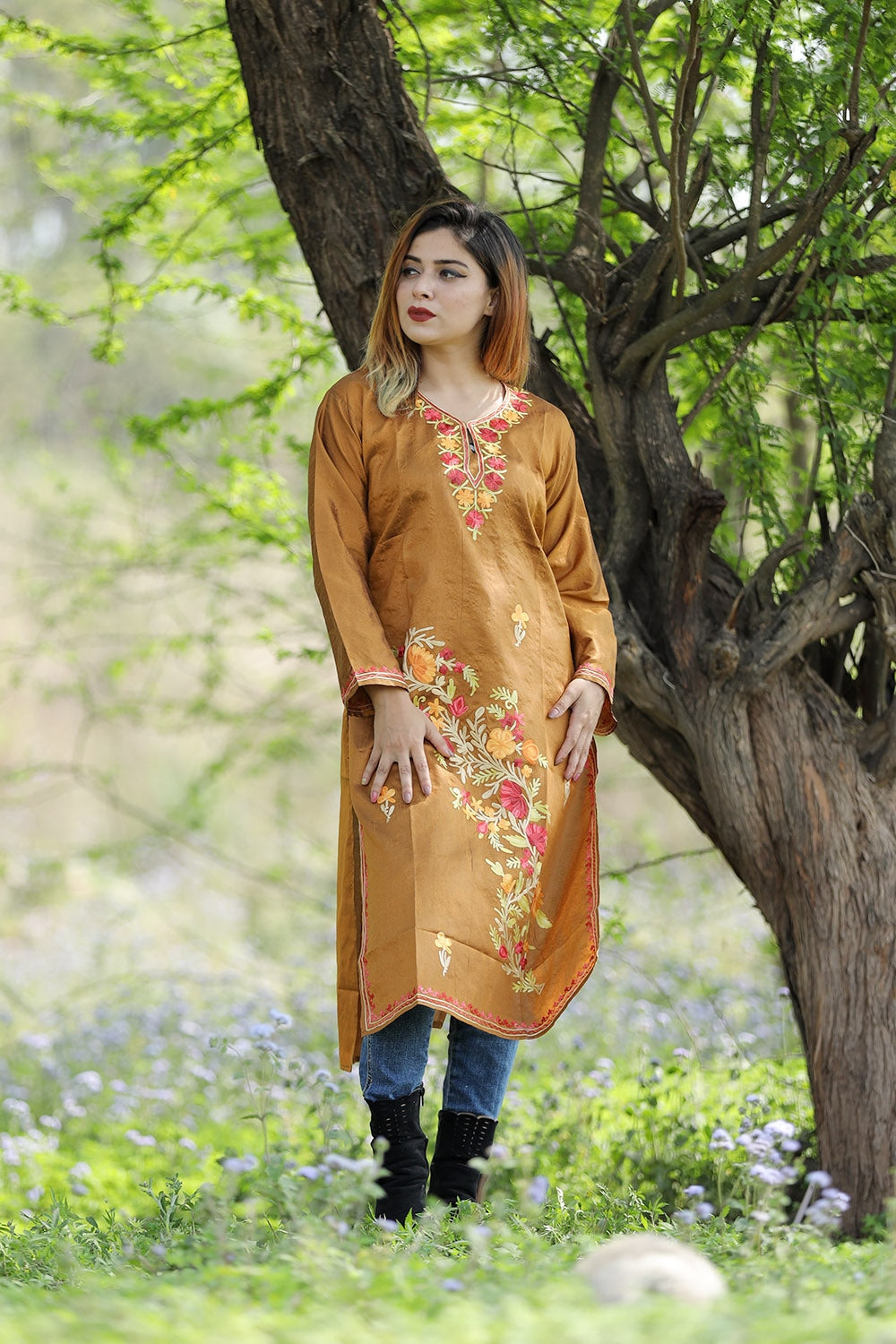 Mesmerizing Bronze Colour Rayon Silk Kurti With Beautiful
